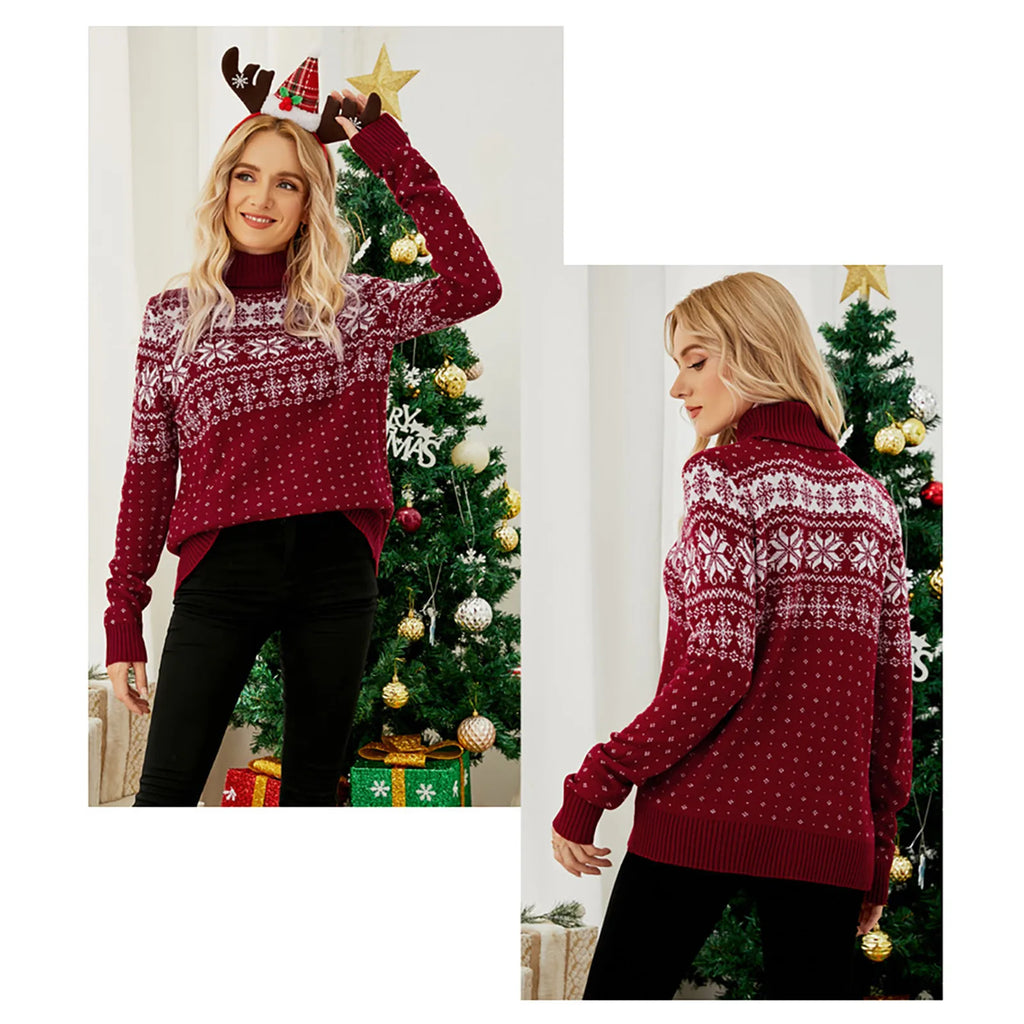 GR - Hässlicher Weihnachtspulli - Vintage Rollkragenpullover mit Schneeflockenmuster