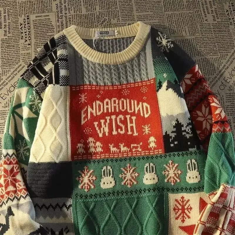GR - Ugly Christmas Sweater - Loose retro sweater with V-neck and color block design 