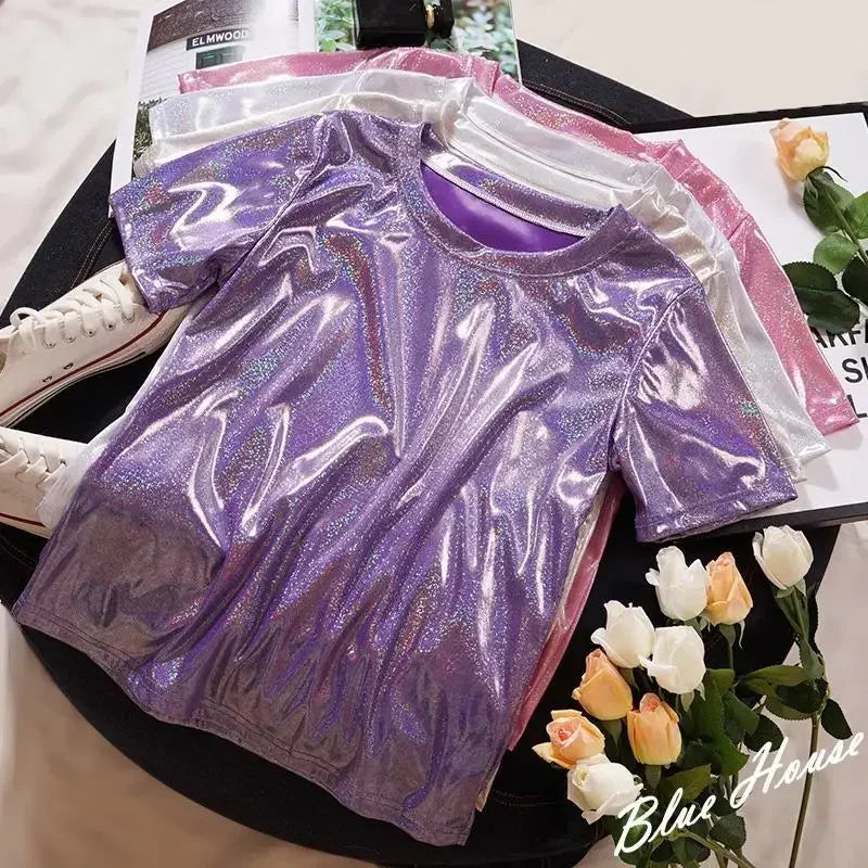 GR | S 5Xl Damen Funkelnd Shiny Metallisch Holografisch Rundhals Kurzarm Lässig Lose Top Festival Party T-Shirt Damenbekleidung