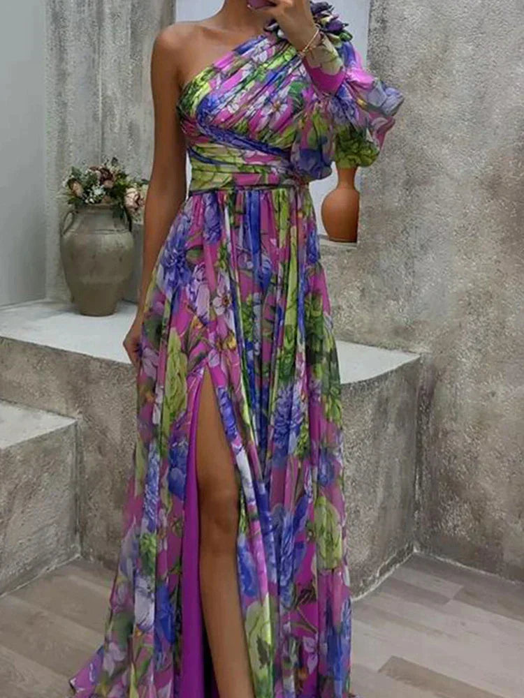 GR | Maxi dress with sexy side slit and one sleeve in purple print