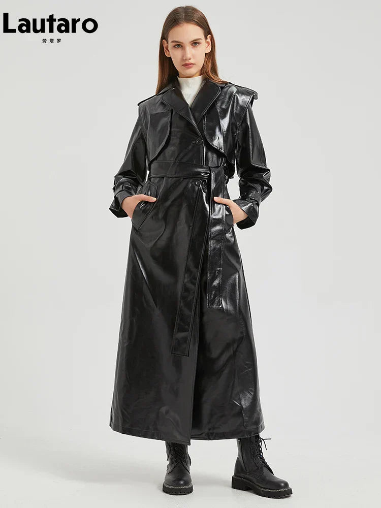 GR | Lautaro Autumn Extra Long Gold Shiny Patent PU Leather Trench Coat for Women Simple Buckle Luxury Designer Overcoat