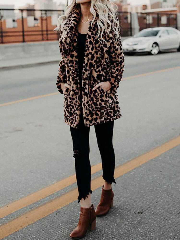 GR - Women's leopard print faux fur jacket for a bold, stylish look