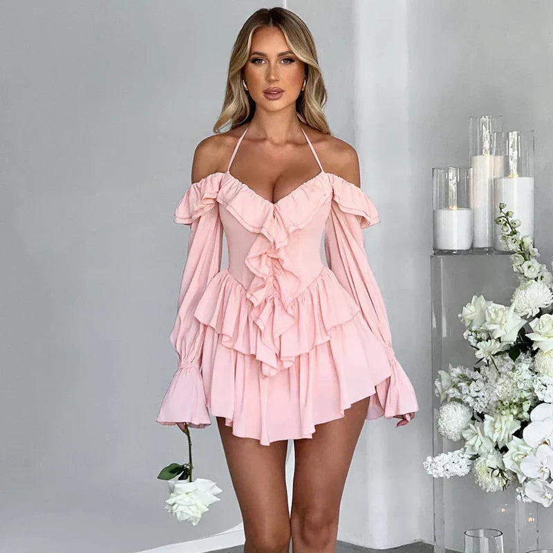 GR | Romantic ruffled romper with exposed shoulders