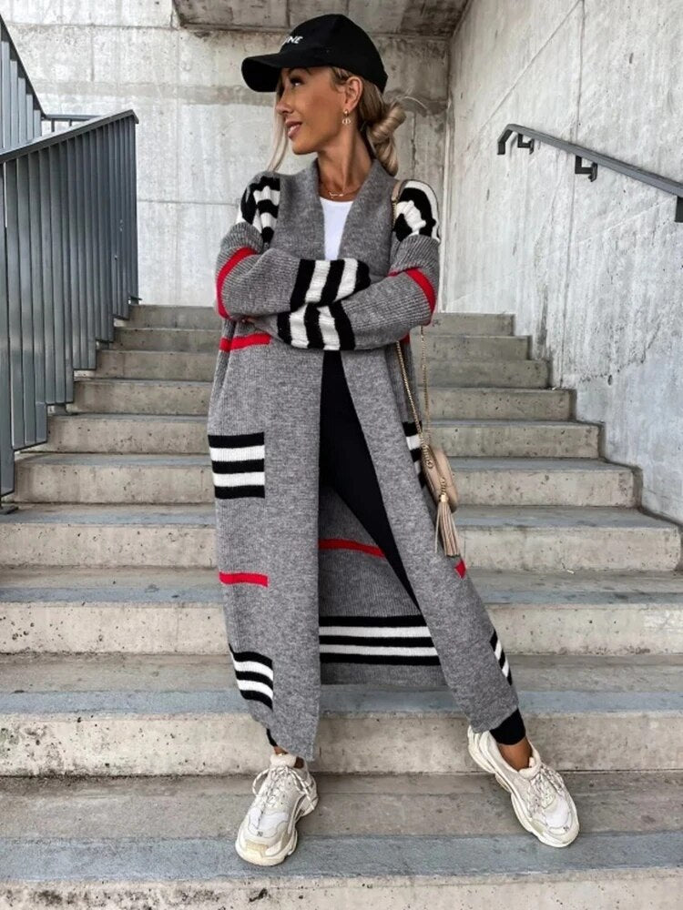 GR | Lange gestreifte Strickjacke für Damen