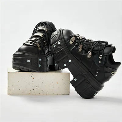 GR | Fashion Women's Ankle Boots, Thin Heels, Round Toe, Lace-Ups, Metal Decoration, Sneakers, Studded, Punk, Gothic, Rock Shoes