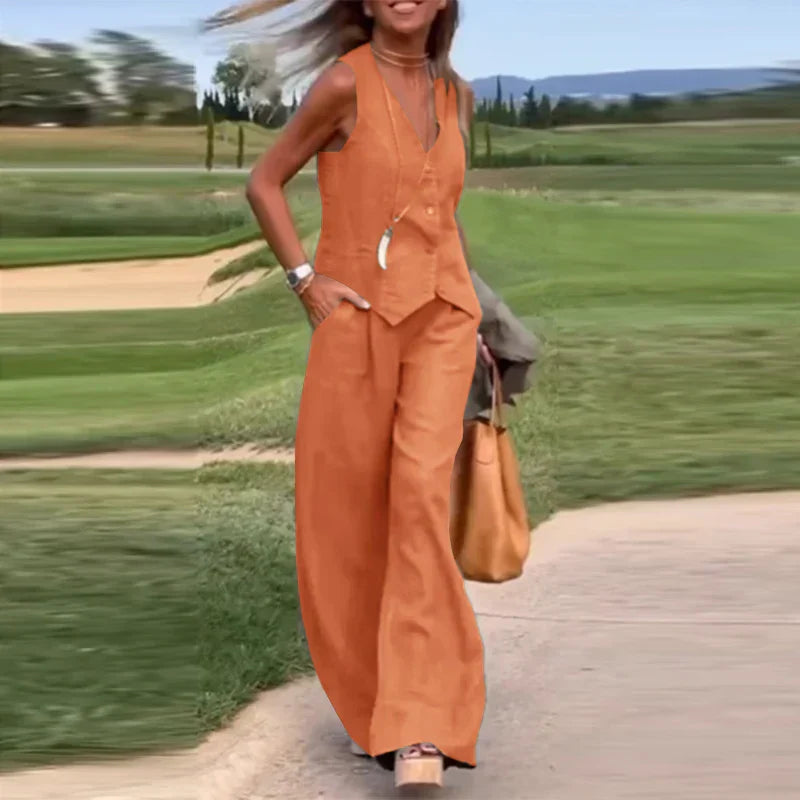 GR Modern Set | Elegant sleeveless V-neck top and wide-leg trousers women's suit