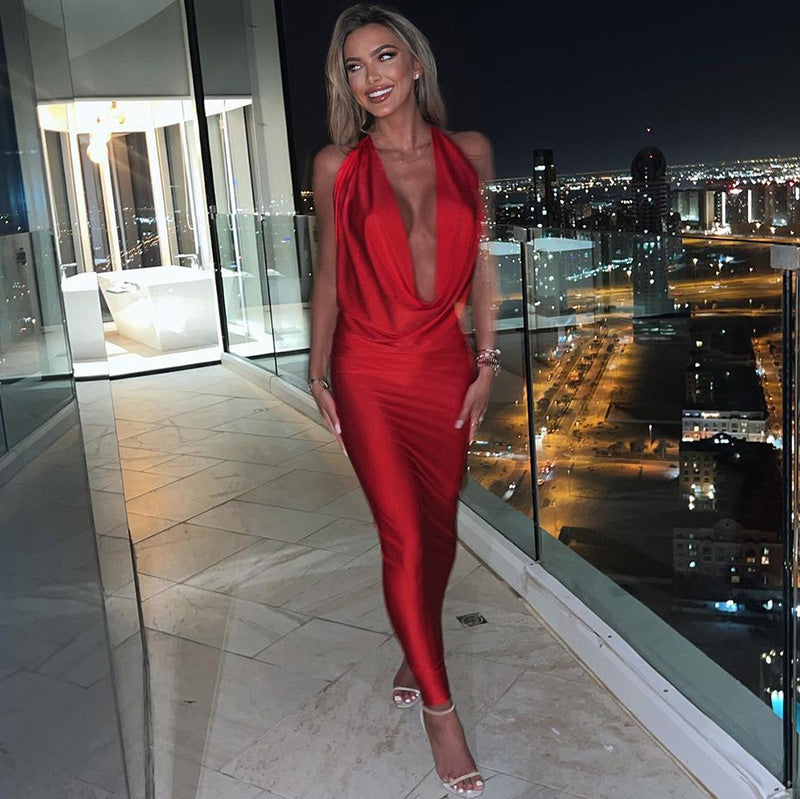 GR - Sexy long dress with V-neck and halter neck for women