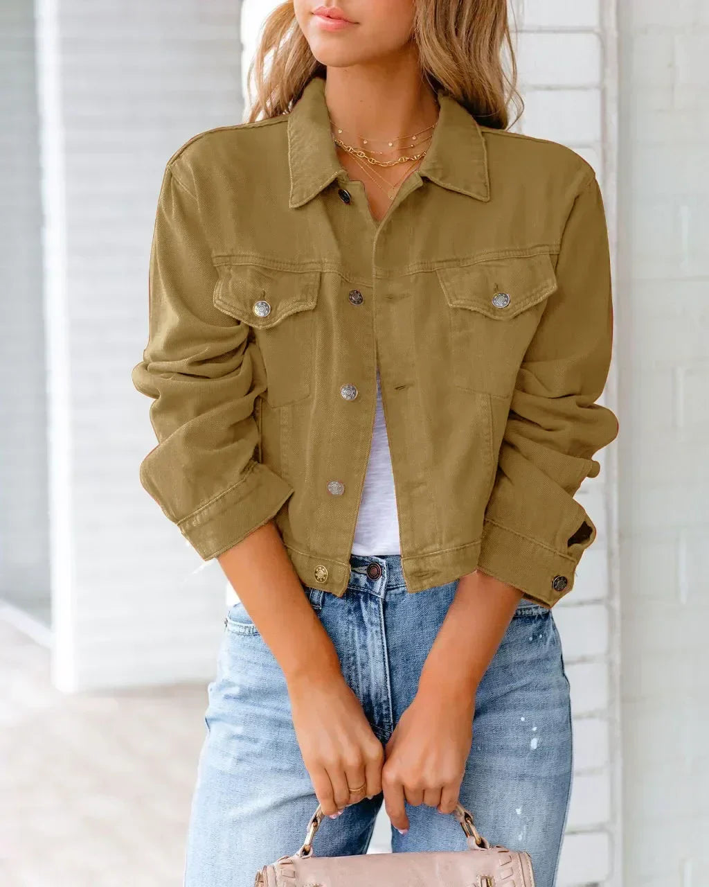 GR | Short pocket jacket Fashion Streetwear Simple button trendy women's denim jackets Long sleeves Autumn New Denim Denim jackets