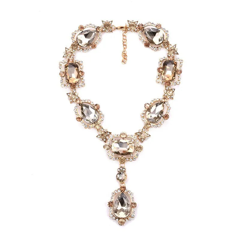 GR | Statement Rhinestones Jewelry Large Gemstone Gem Stone Crystal Victorian Jewelry Green Emerald Bib Necklace for Women