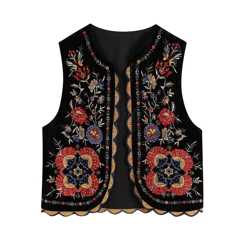 GR | Vest with sequined floral embroidery, patchwork waist coat made of velvet