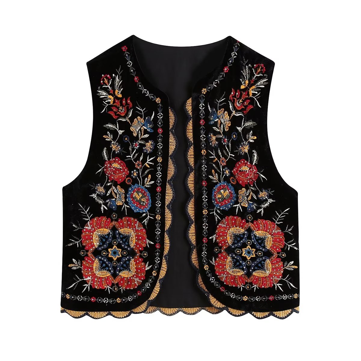 GR | Vest with sequined floral embroidery, patchwork waist coat made of velvet