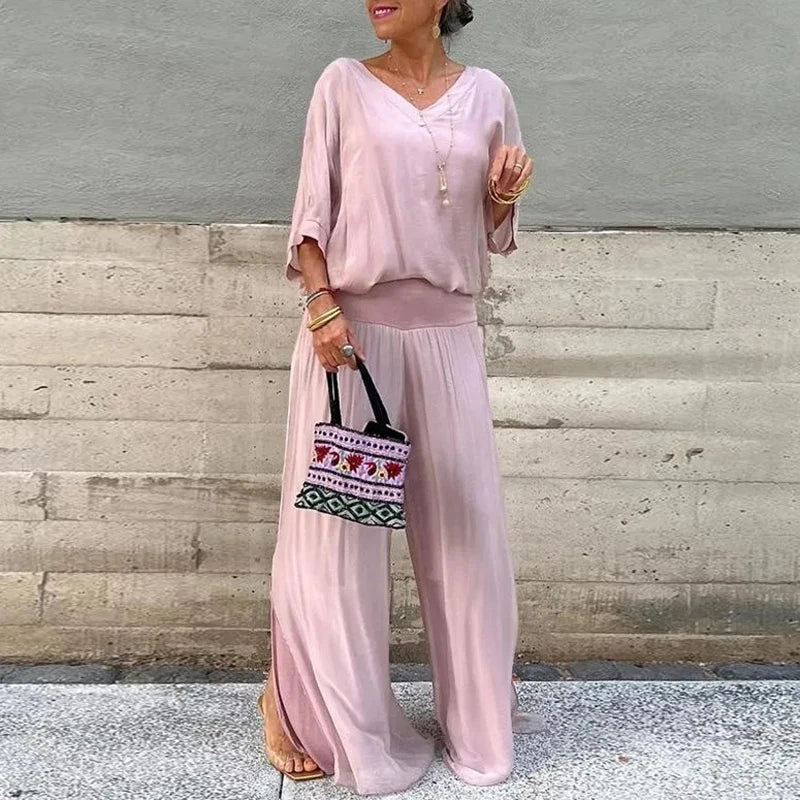GR | Elegant two-piece set consisting of a chiffon top and wide-leg trousers