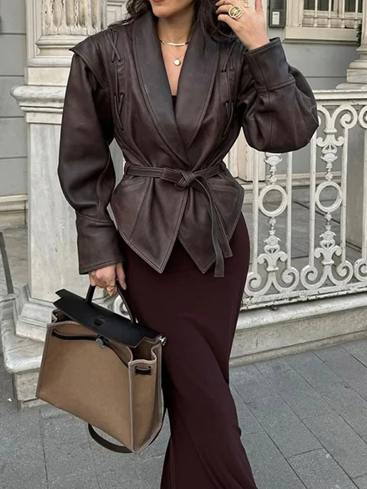 Women's leather coat with lacing 