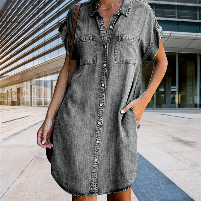 GR | Lässiges Kurzärmeliges Mini Sommerkleid Aus Denim Für Damen Mit Knöpfen