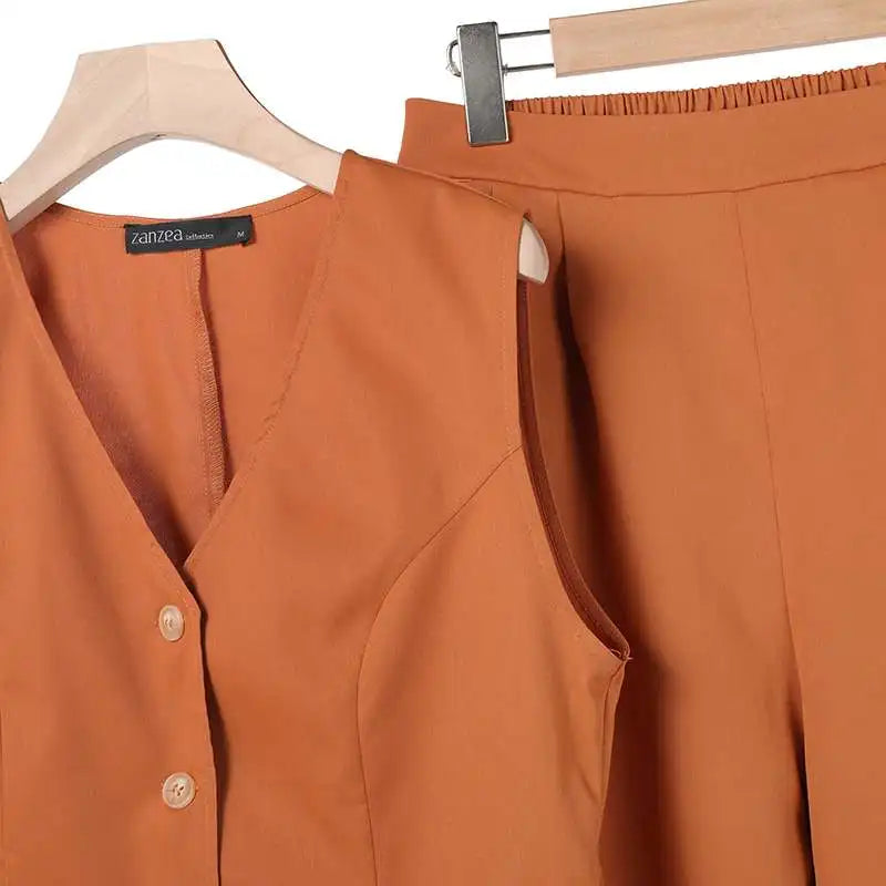 GR Modern Set | Elegant sleeveless V-neck top and wide-leg trousers women's suit