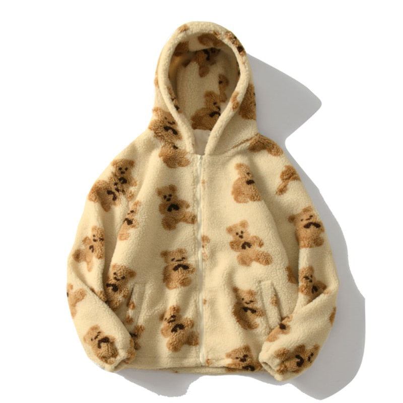 GR Harajuku Bear Teddy Print Plush Jacket Fluffy Hooded Outerwear