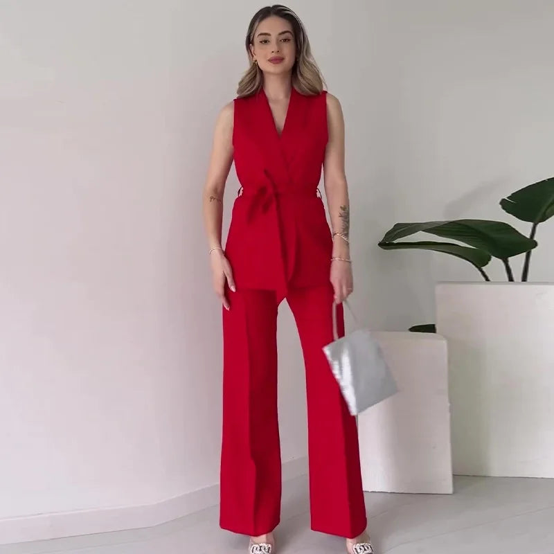 GR | Sleeveless blazer suit, tailored fit, wrap V-neck, wide-leg trousers