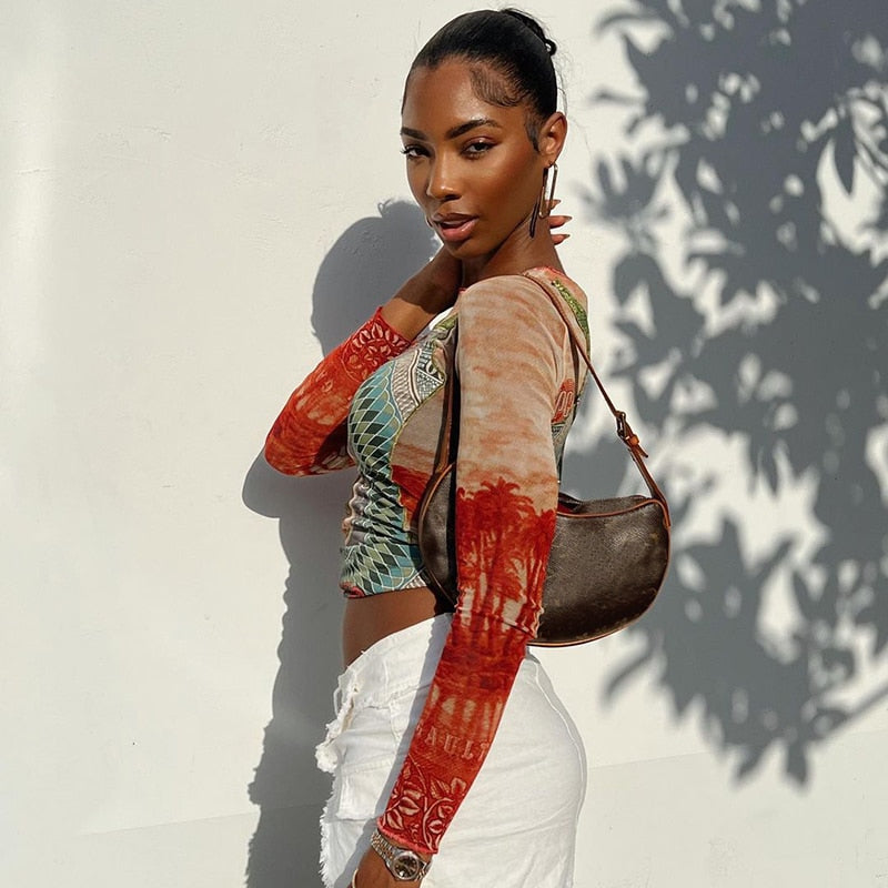 GR | Long-sleeved mesh top with tattoo print