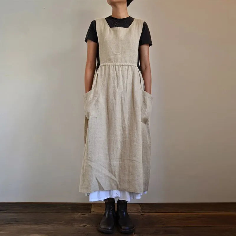 GR | Linen and cotton blend pinafore dress with pockets for women, Pensacola