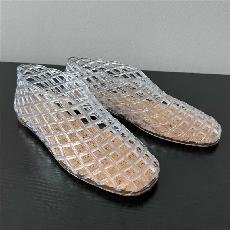 GR | Summer Jelly Shoes Women's Fashion Transparent Mesh Hollow Out Beach Shoes Ladies Flat Sandals Coloured Round Toe Jelly Sandals