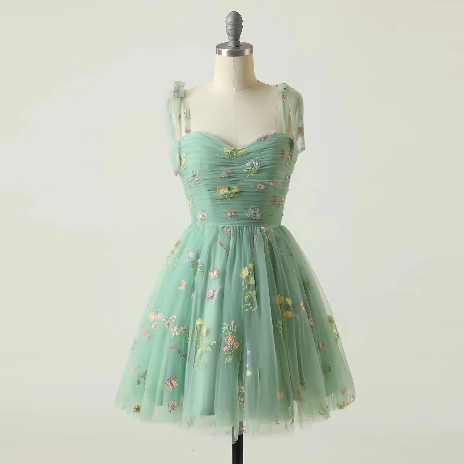 GR | Fairy Forest Green Short Prom Dresses Spaghetti Straps Colorful Floral Lace Evening Celebration