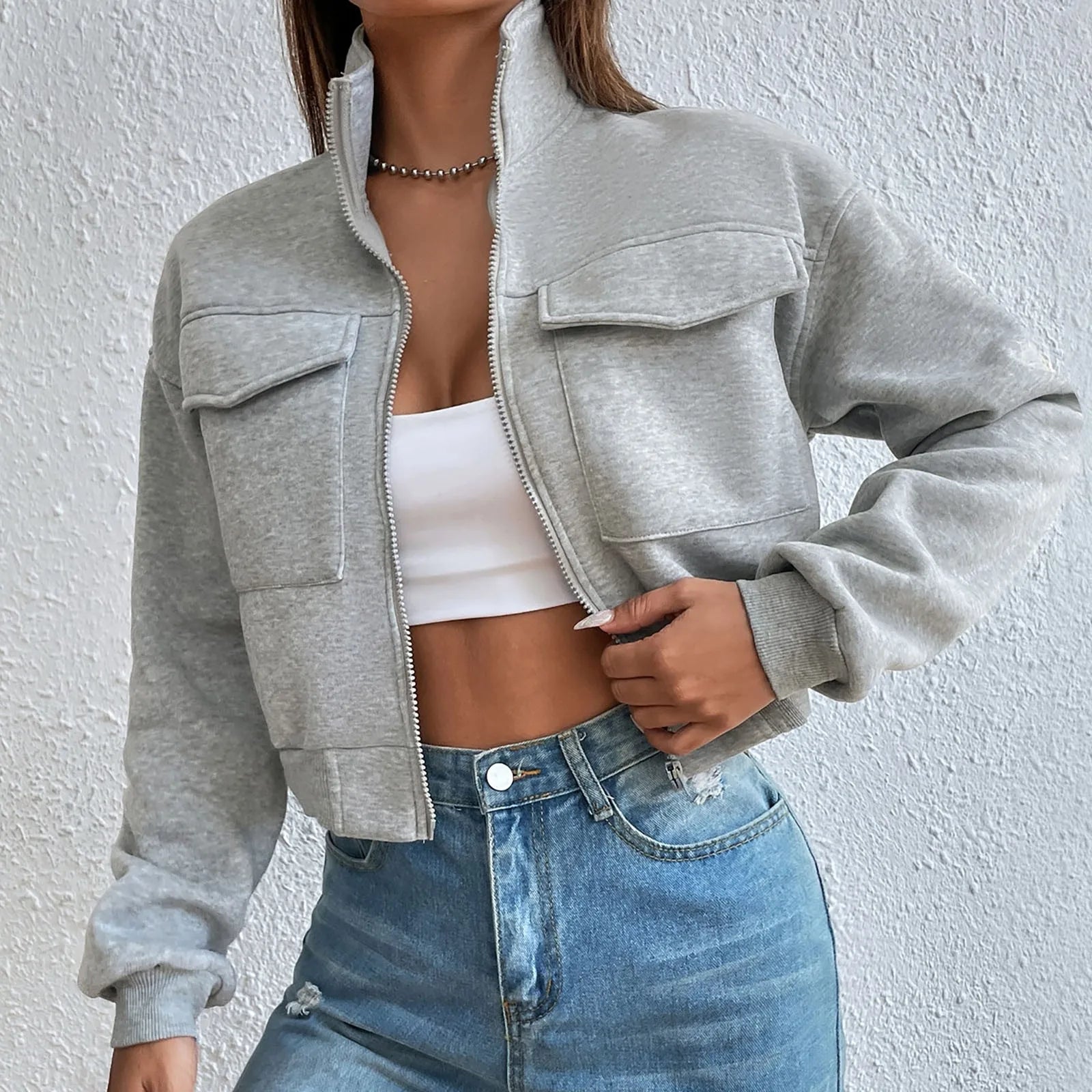 GR | Comfortable long-sleeved cropped jacket with pockets