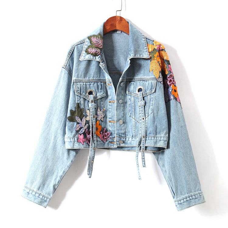GR | Denim Jacket with Floral Embroidery and Sequins