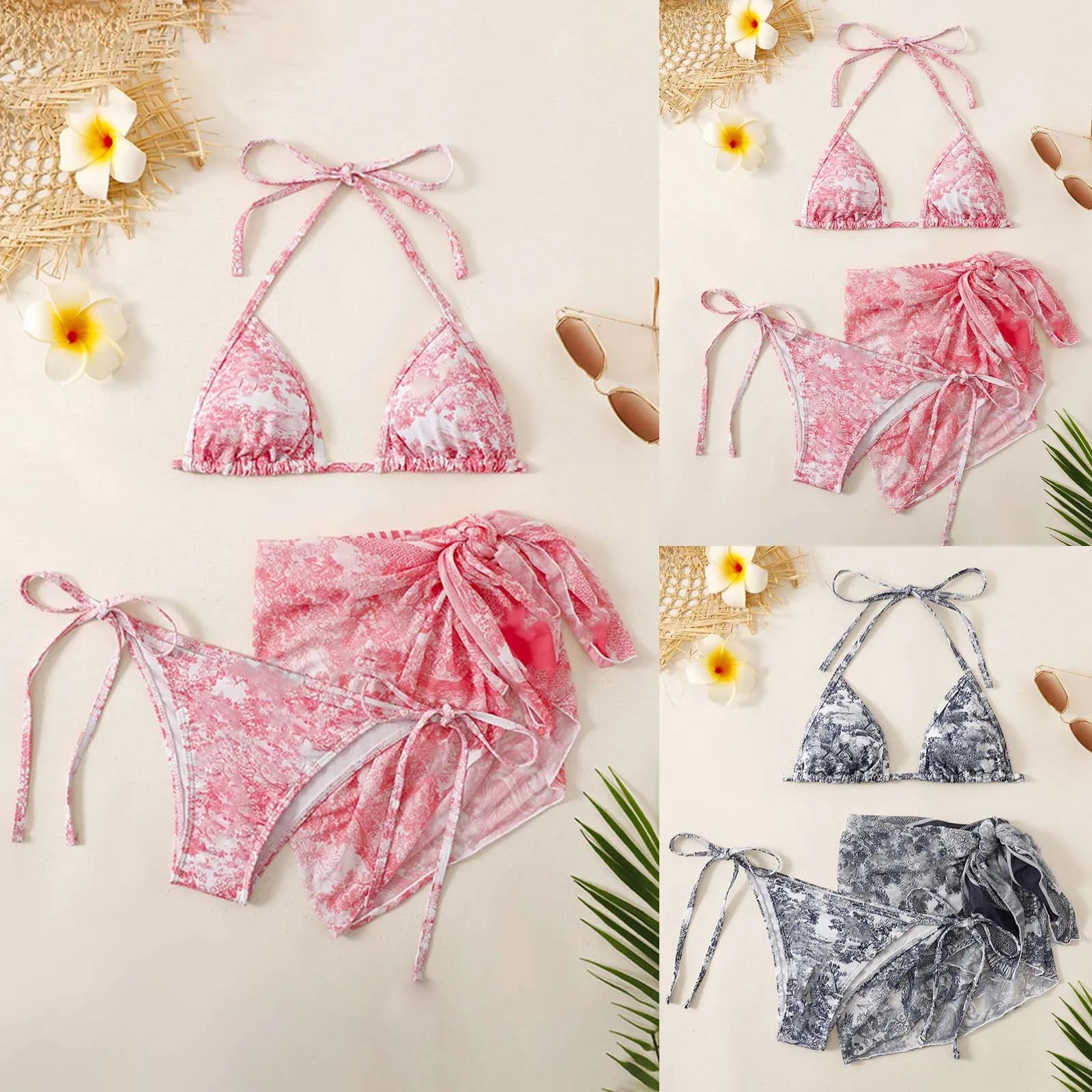 GR | Women's Three-Piece Swimwear Summer Push-Up High Waist Bikini Set with Cover-Up Skirt Tie Dyed Swimming Swimsuit Beachwear