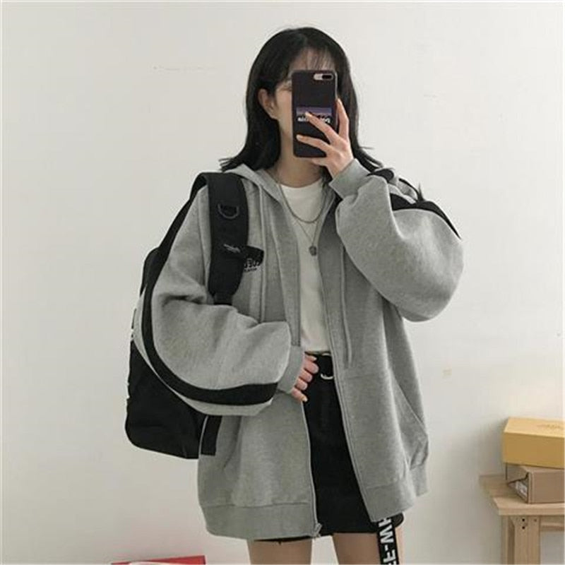 GR Zip-up Oversized Solid Pocket Hooded Long Sleeve Loose Baseball Jacket