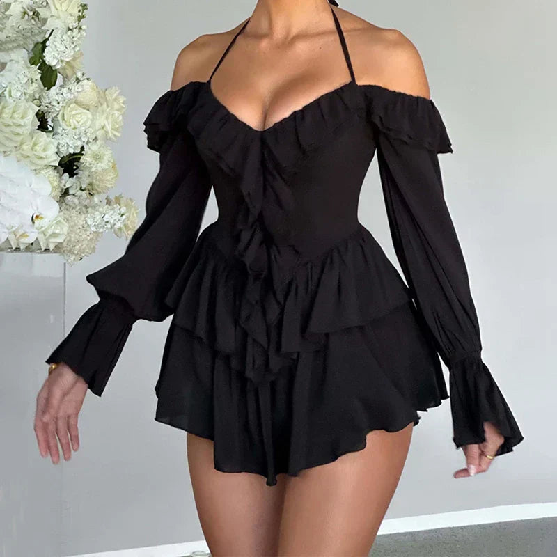 GR | Romantic ruffled romper with exposed shoulders