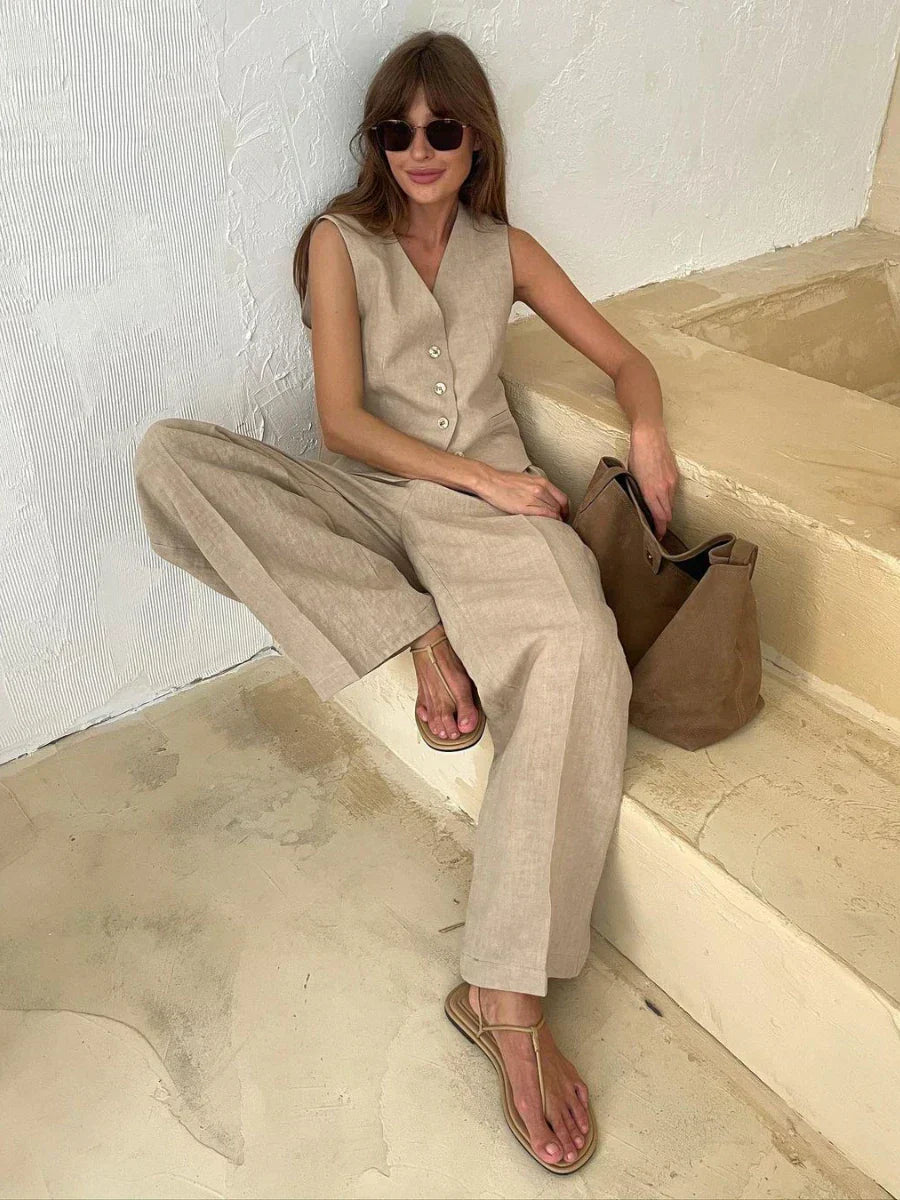 GR | Wool Feeling Women's Linen Cotton Chic Vest & Trousers Set Two-Piece Set Office Women's Summer Chic 2-Piece Set Women's Outfits
