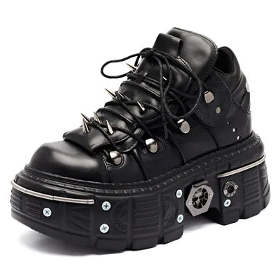 GR | Women's Ankle Boots for Women, Thick Sole, Laces, Metal Decoration, Round Toe Platform Shoes, Ladeis Punk Gothic Sneakers