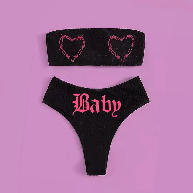 GR | Sexy Goth Bikini Women's Letter Skull Print Swimsuit Split Swimsuit High Waist Gothic Bikini Set Beach Outfits