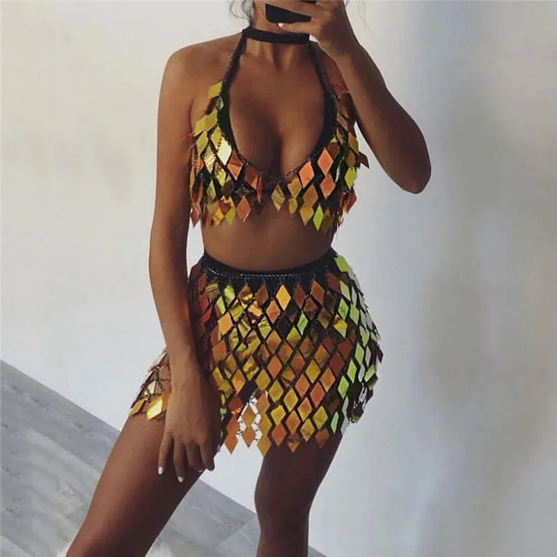 GR | Statement Pailletten Patchwork Crop Top 2 Teilig Rock Set
