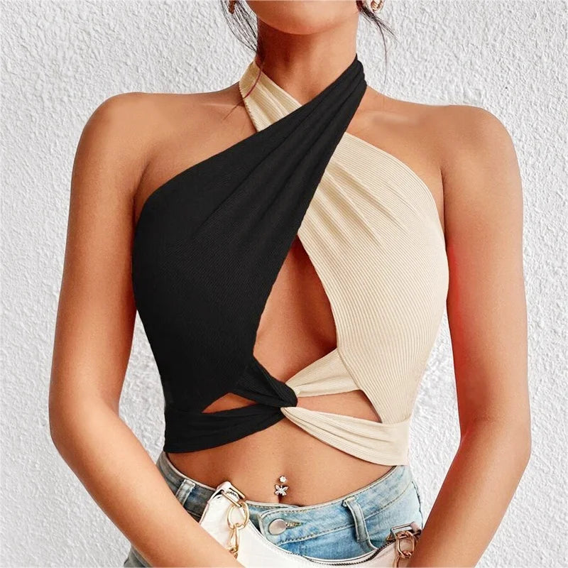 GR | Women's Summer Tank Tops Sexy Patchwork Cross Halterneck Strap Hole Crop Tops High Street Wear New Fashion