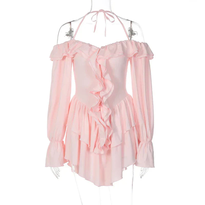 GR | Romantic ruffled romper with exposed shoulders