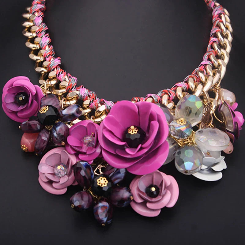 GR | Vintage Jewelry Elegant Prom Party Beauty Pageant Wedding Gift Floral Blossom Flower Chunky Statement Necklace for Women Accessories
