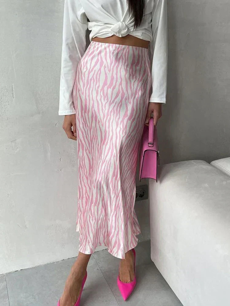 GR | Sommer Herbst Damen Elegant Midi Satin Röcke Gedruckt Hohe Taille Büro Damen Bodycon Bleistift Enger Rock für Damen