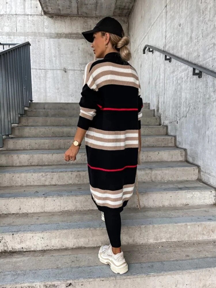 GR | Lange gestreifte Strickjacke für Damen