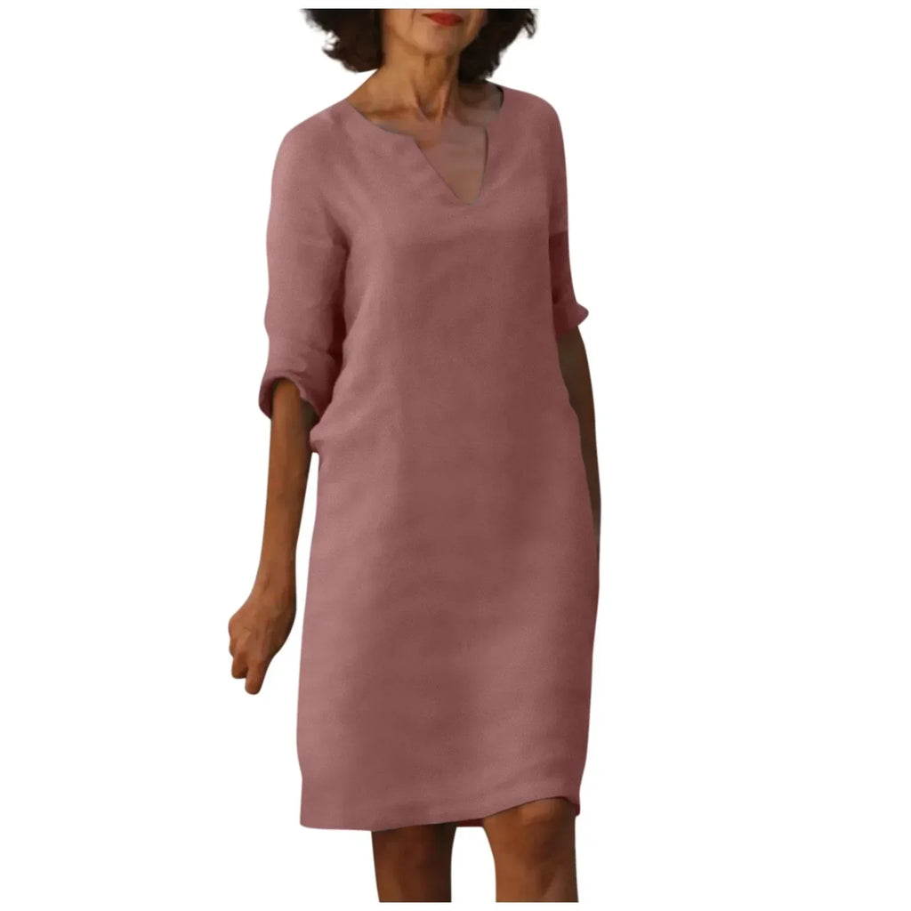 GR | Women's Cotton Linen V-Neck Dress with Half Sleeves