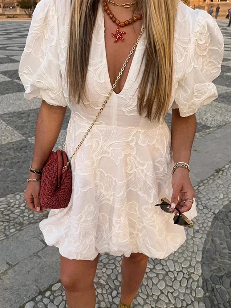 GR | Dress with Embroidered Puff Sleeves for Women