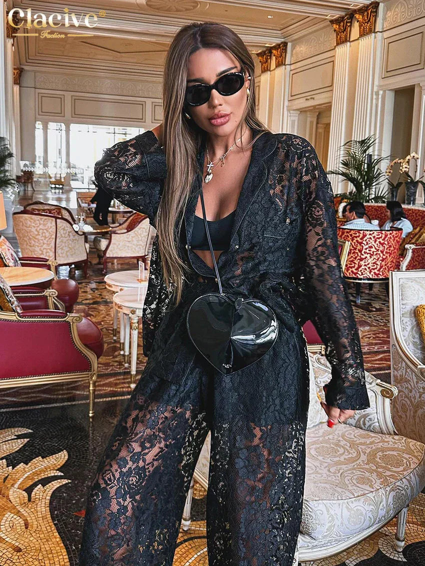 GR | Clacive Sexy Loose Black Lace Transparent Pants Set Women's 2 Piece Fashion Long Sleeve Shirt with High Waist Wide Pants Set