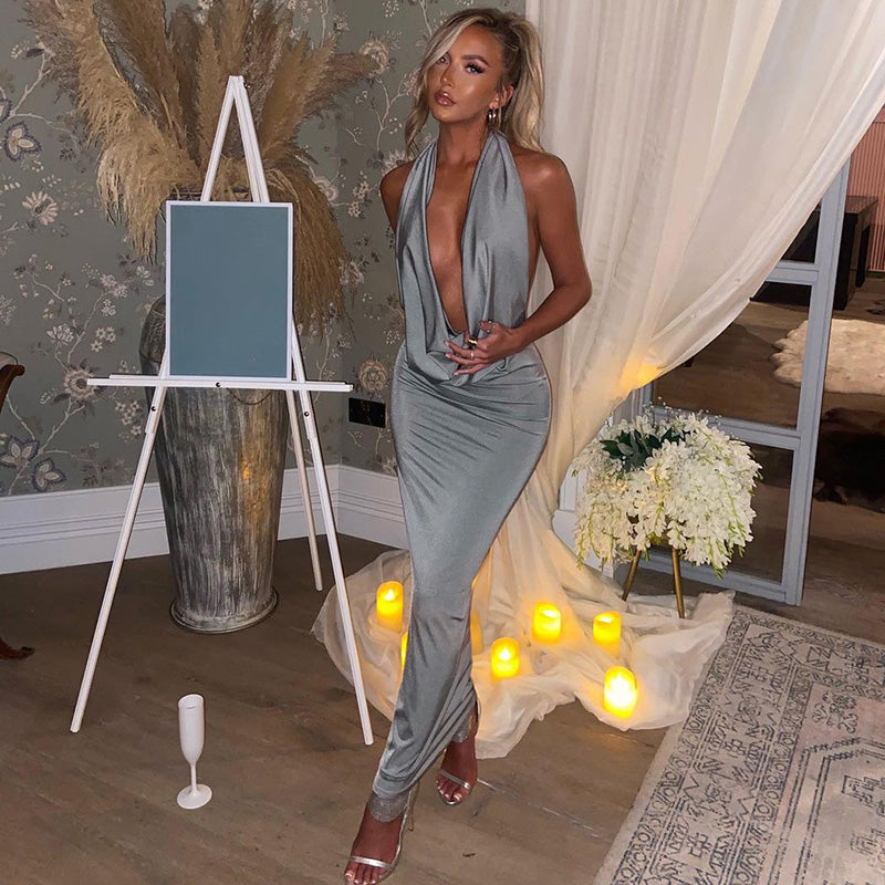 GR - Sexy long dress with V-neck and halter neck for women