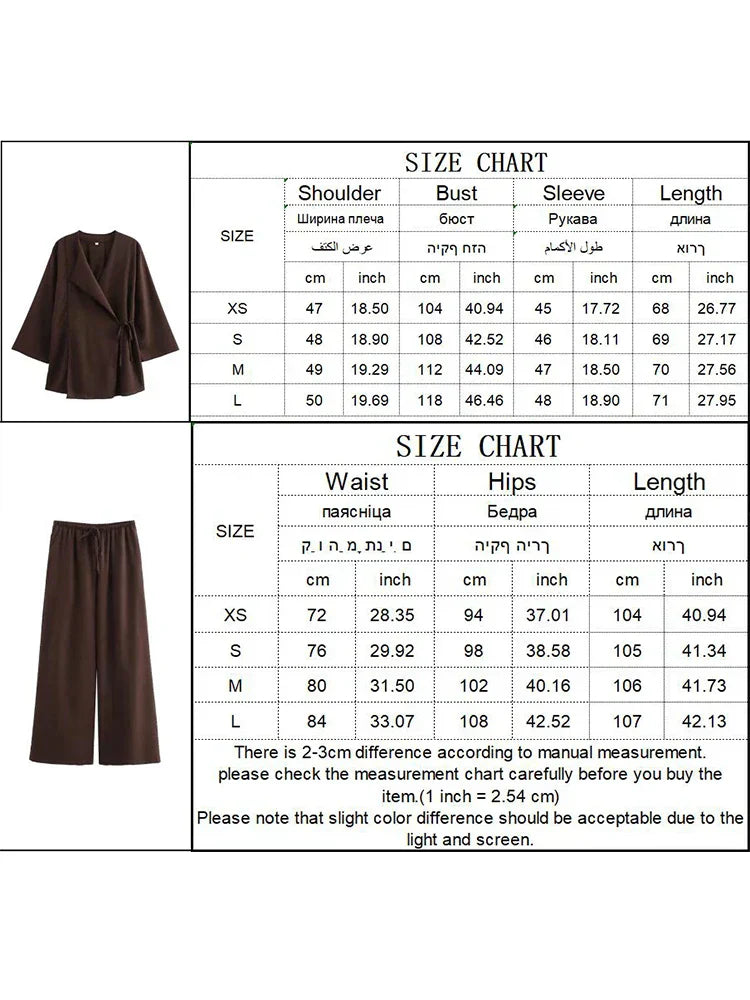 GR | Fashion Linen 2-Piece Women's Spring Summer Kimono Style Loose Lace-Up Shirts Tops Women's Wide Leg Trousers Set