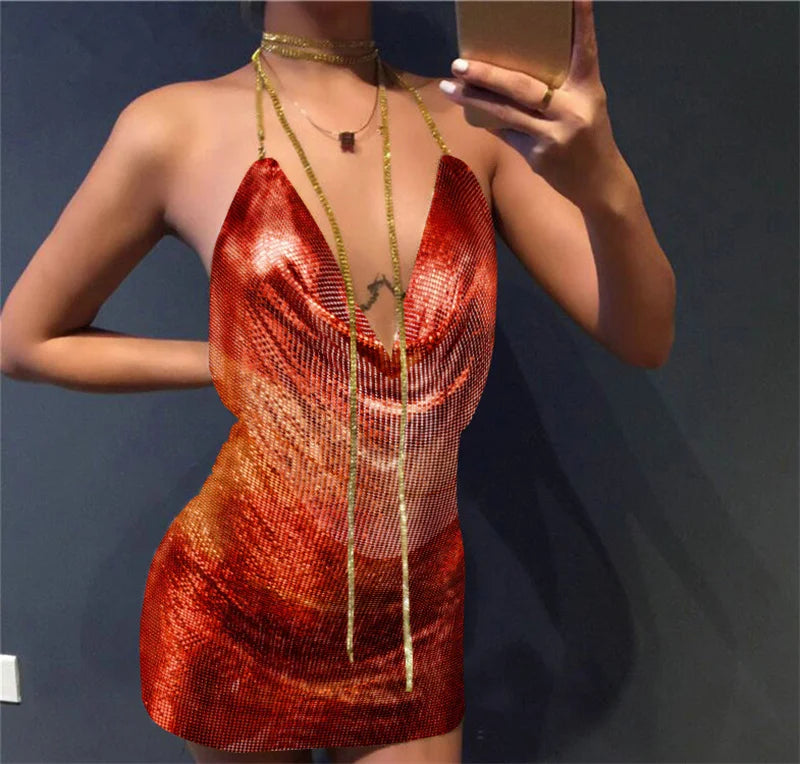 GR | Diamond Halter Rückenfrei Spalten Metallic Mini Kleid