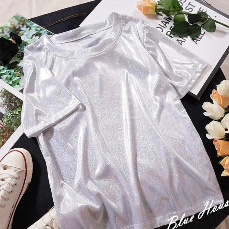 GR | S 5Xl Damen Funkelnd Shiny Metallisch Holografisch Rundhals Kurzarm Lässig Lose Top Festival Party T-Shirt Damenbekleidung
