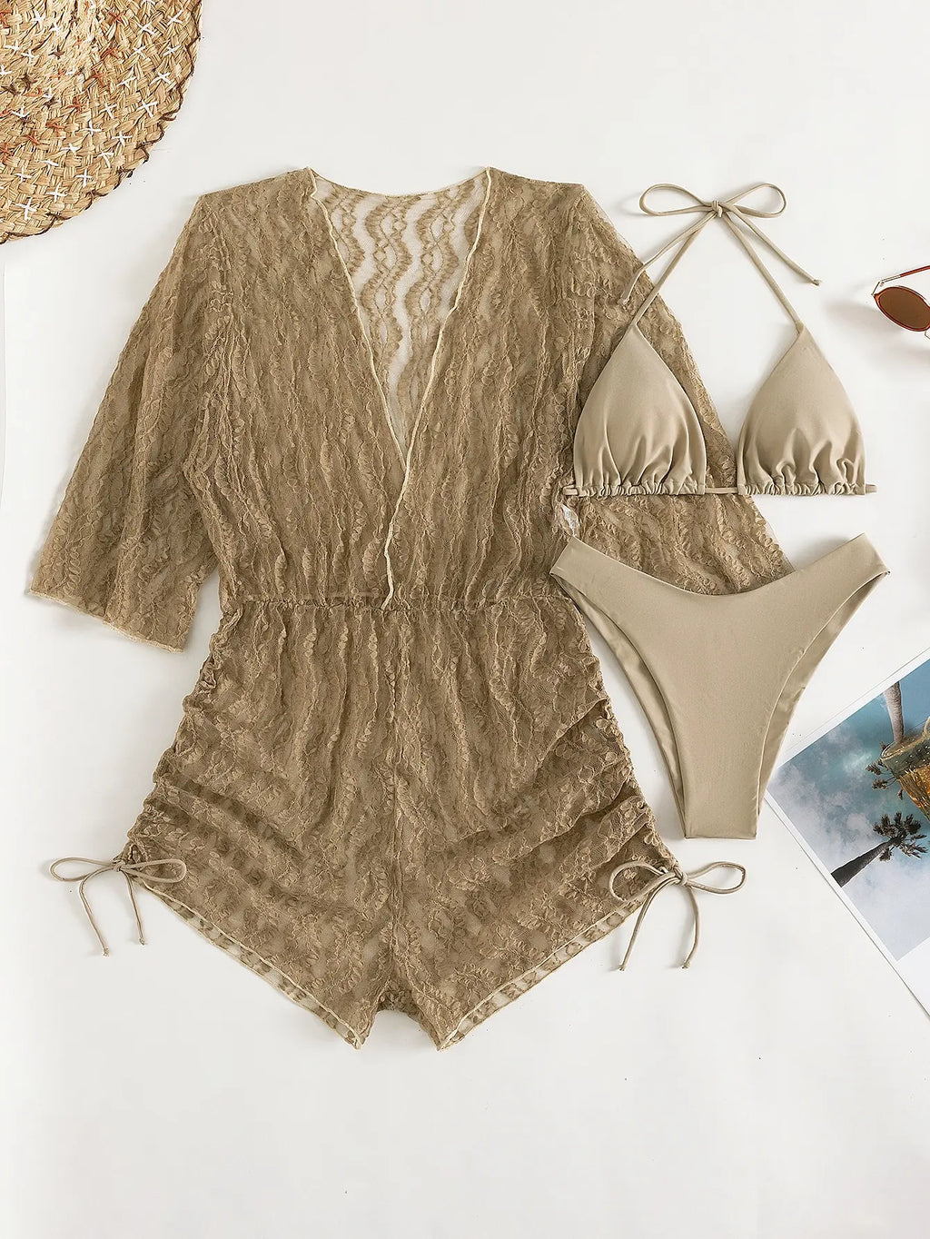 GR | 3-Piece Bikini Tropical Print Swimwear Halter Lace-Up Side Swimsuit Women's Bathing Suit Female Swimming Summer Beachwear