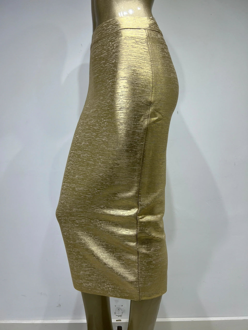 GR | Women's Summer Skirt Sexy Silver Gold Bronzing Midi Bandage Skirt High Street Designer Slim Fit Solid Midi Pencil Skirt 78cm