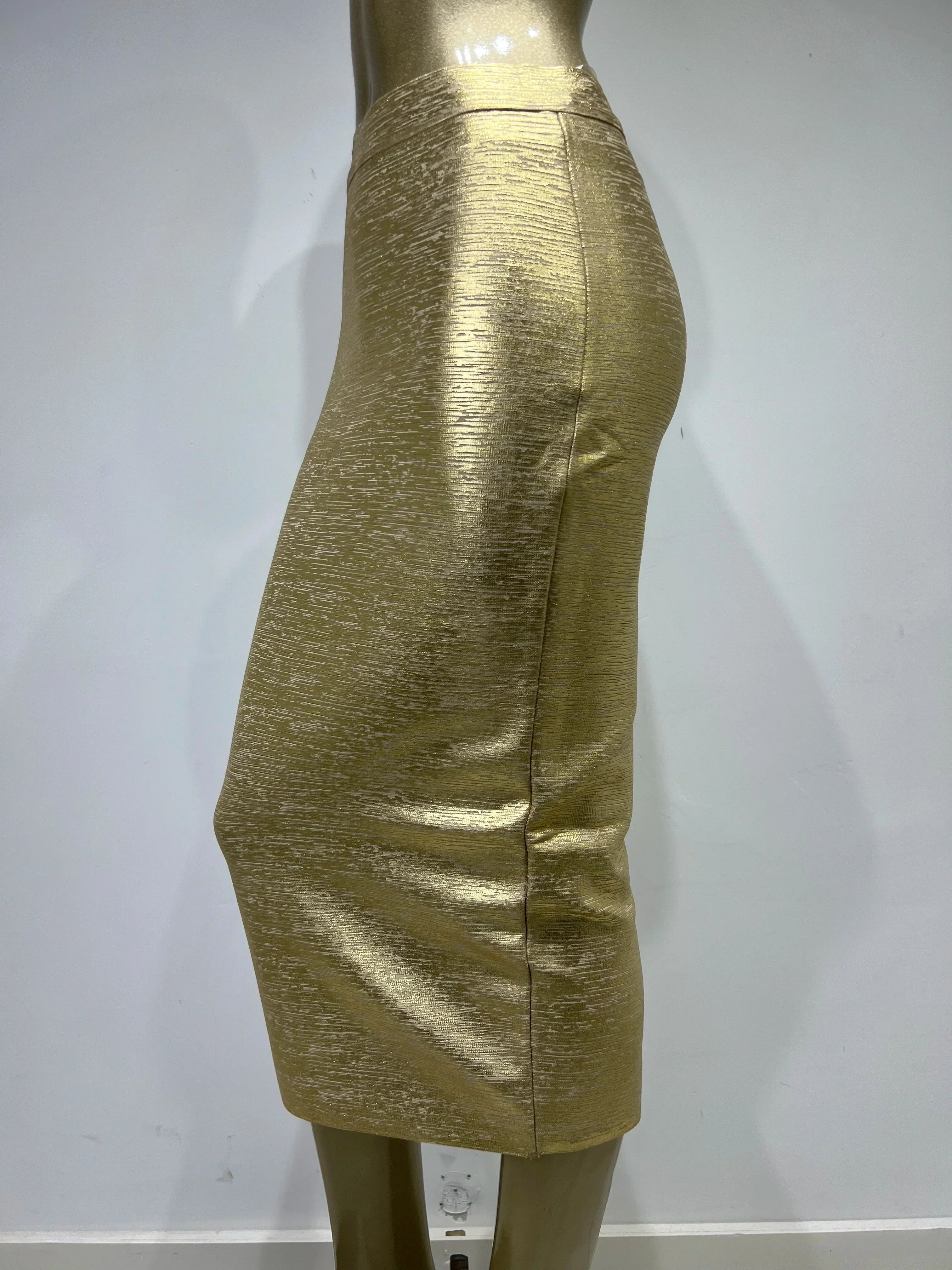 GR | Women's Summer Skirt Sexy Silver Gold Bronzing Midi Bandage Skirt High Street Designer Slim Fit Solid Midi Pencil Skirt 78cm