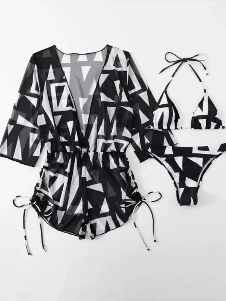 GR | 3-Piece Bikini Tropical Print Swimwear Halter Lace-Up Side Swimsuit Women's Bathing Suit Female Swimming Summer Beachwear